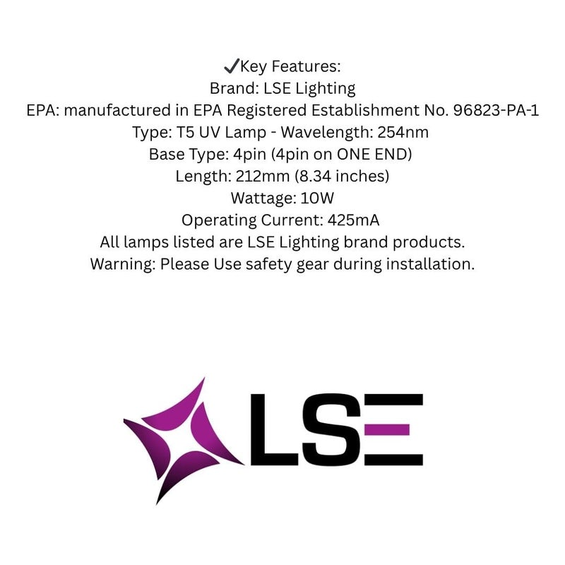 LSE Lighting GPH212T5L/4P UV-C Lamp â€“ 10W, 8.34" T5 Bulb | 4-Pin One End | 254nm Ultraviolet Light | EPA Registered | High-Performance Replacement | Designed in USA - Image 3